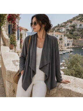 Bagatelle Women Sz L Gray Faux Suede Drape Open Front Jacket Chic Soft Minimal